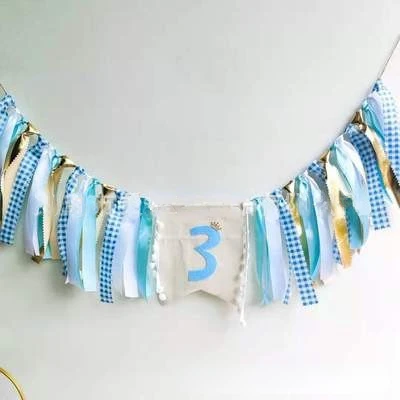 First Kids Birthday Party Highchair Garland 1 2 3  Light Blue Prince Backdrops Decoration Baby Shower Crown Highchair Banner