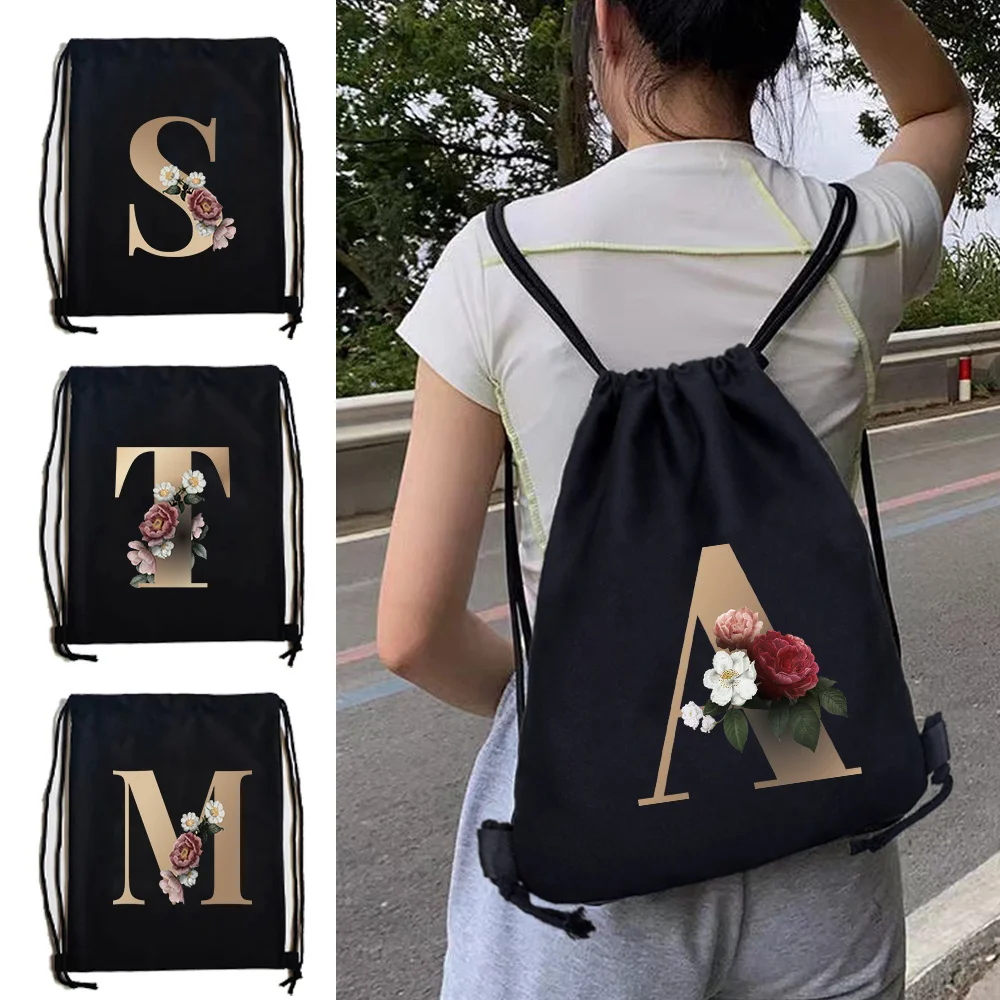 Black Drawstring Canvas Backpack Decorated With Gold Letter Print Simple Gym Bag for Shopping Travel Daily Activities
