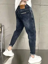 남성용 럭셔리 루즈 데님 청바지, 단색 빈티지 워싱 탄성 캐주얼 바지, 가을 디자이너 헐렁한 바지, 블루, 신상