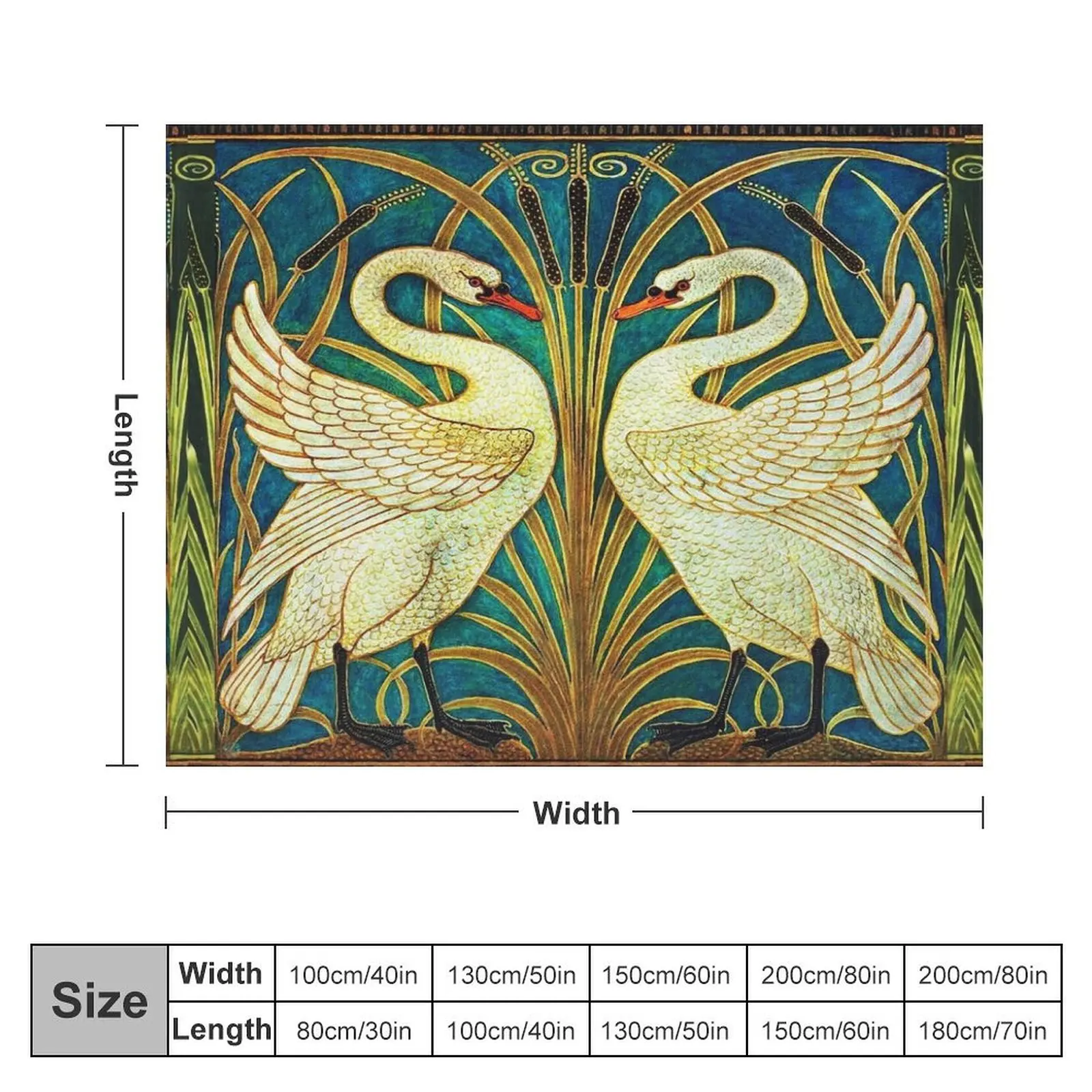 TWO WHITE SWANS AMONG REEDS IN BLUE Art Nouveau Animals Throw Blanket Flannel Fabric Thermals For Travel Blankets