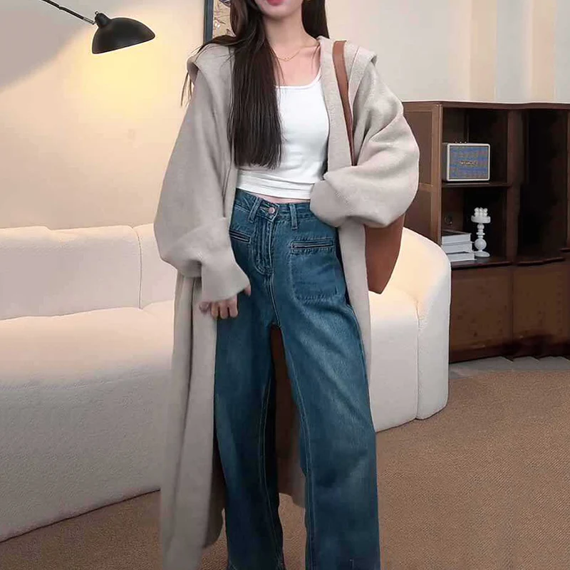 

2025 Chic Hooded Knitted Long Cardigan Women Over The Knee Long Sleeve Sweater Coats Woman Elegant Thick Warm Cardigans Ladies