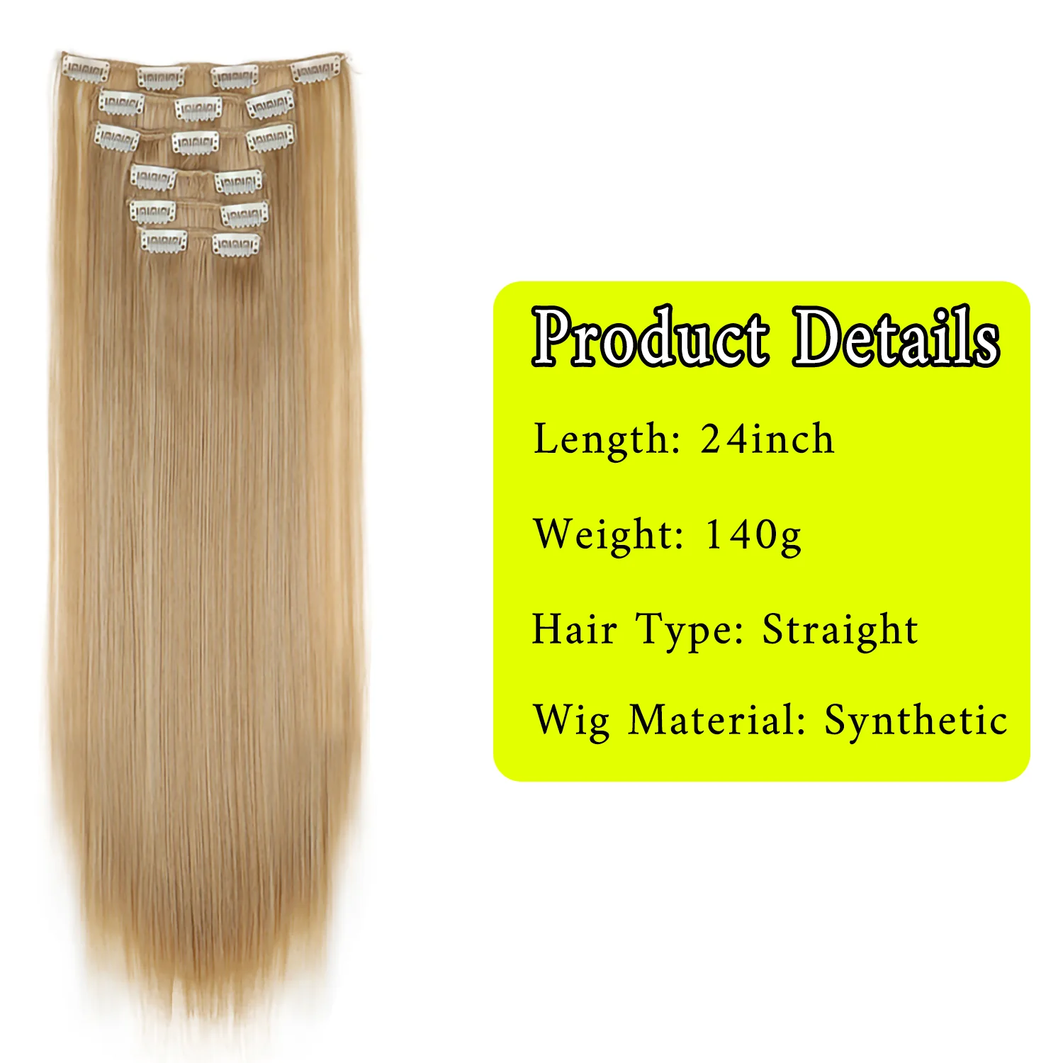 Synthetic Clip in Hair Extensions Golden Blonde Highlight Double Weft 24 Inch Invisible Cosplay Wig Heat Resistant Party Costume