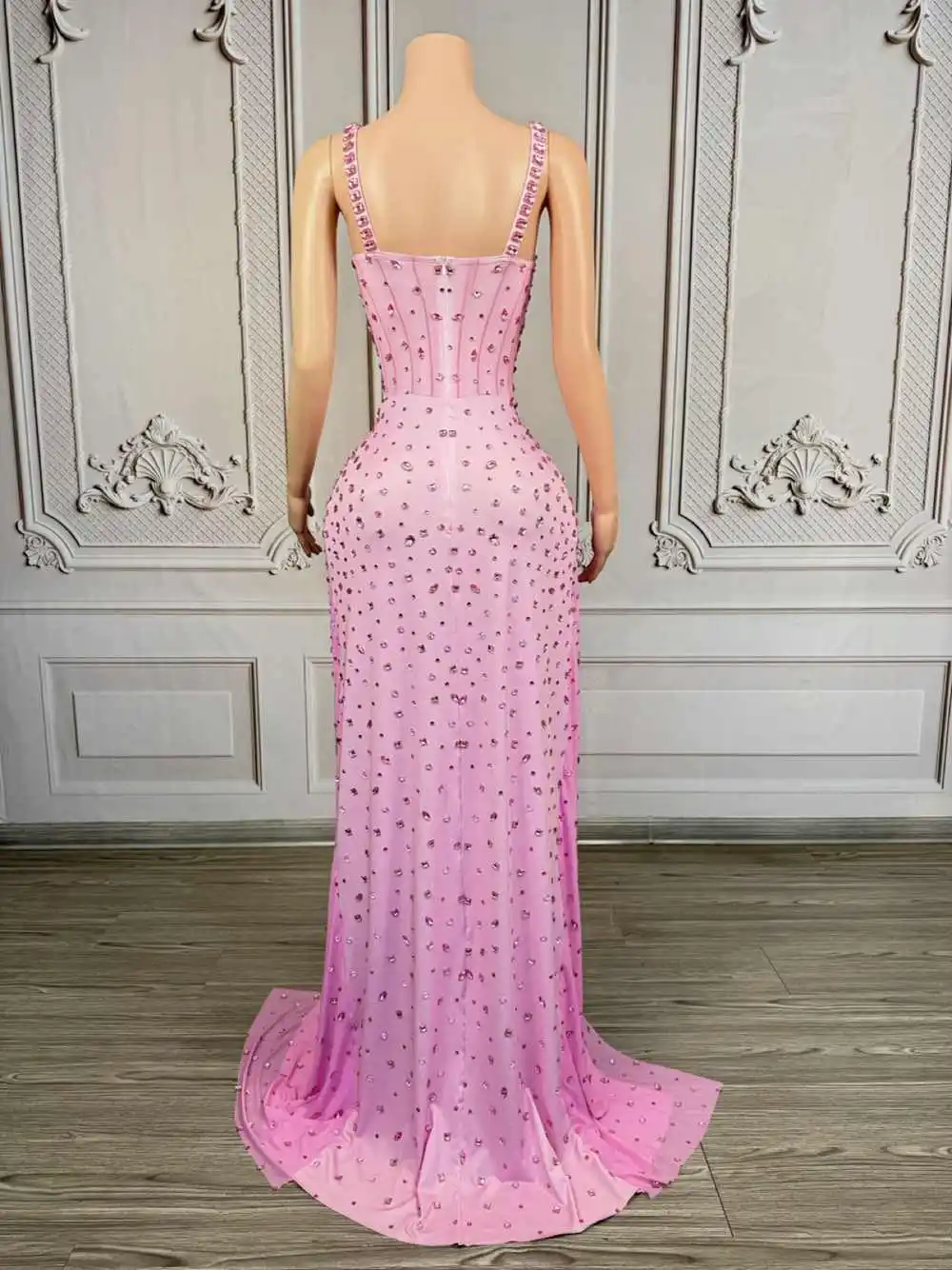 Luksusowa Sukienka Damska z Rozcięciem, Długa do Podłogi, z Cyrkoniami, Seksowna, z Siateczki, Wieczorowa, na Bal, Imprezę, Urodziny, Sesję Zdjęciową