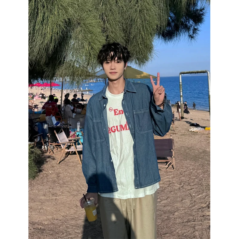 

Deep Blue Men's Denim irt Spring Autumn 2024 New American High Street Jaet Coat Long Sve Casual Faion Loose Fit