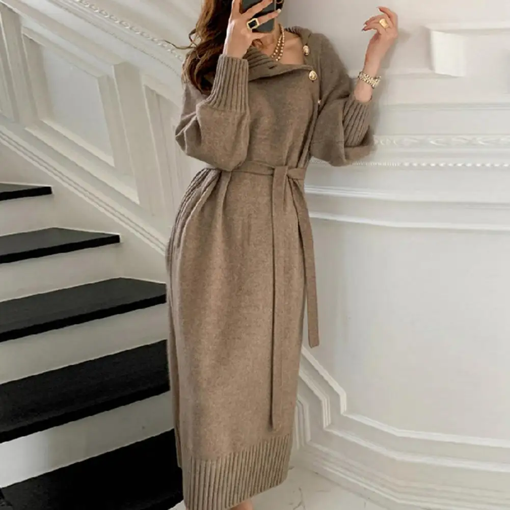 Autumn Winter Knitted Dresses High Collar Neck with Belt Long Sleeves Maxi Dress women 2024 trend