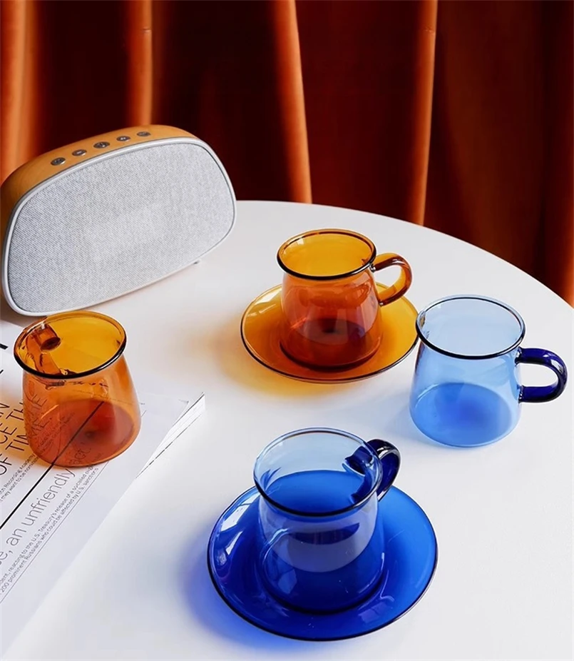 American Style Ins Amber Water Cup Light Luxury Vintage Borosilicate Glass Coffee Cup Saucer suit