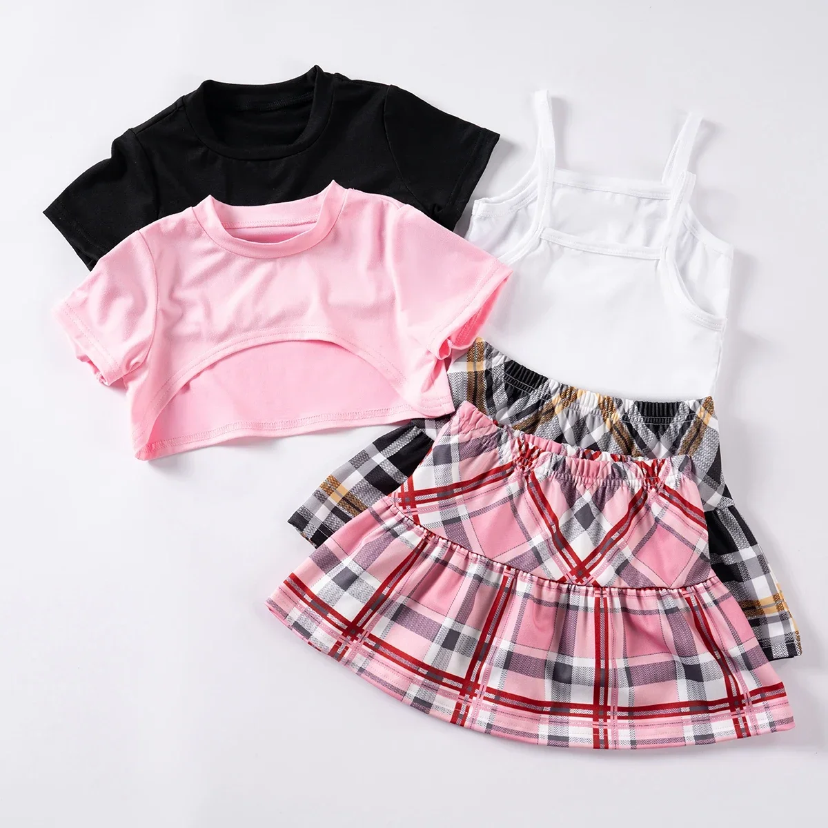 3pcs Summer Girls Fashion Solid Color Hooded Short Sleeve+White Vest+Plaid Short Skirt Set Casual Suitable for Outdoor Wearing