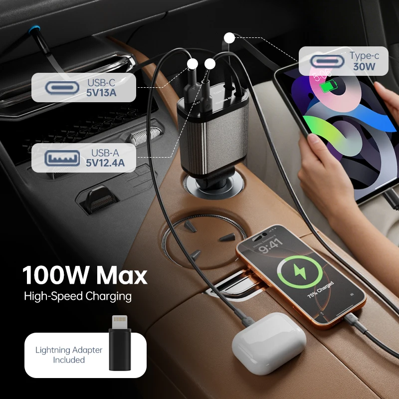 

Выдвижное автомобильное зарядное устройство AXU, быстрая зарядка 4-в-1 с двумя выдвижными кабелями