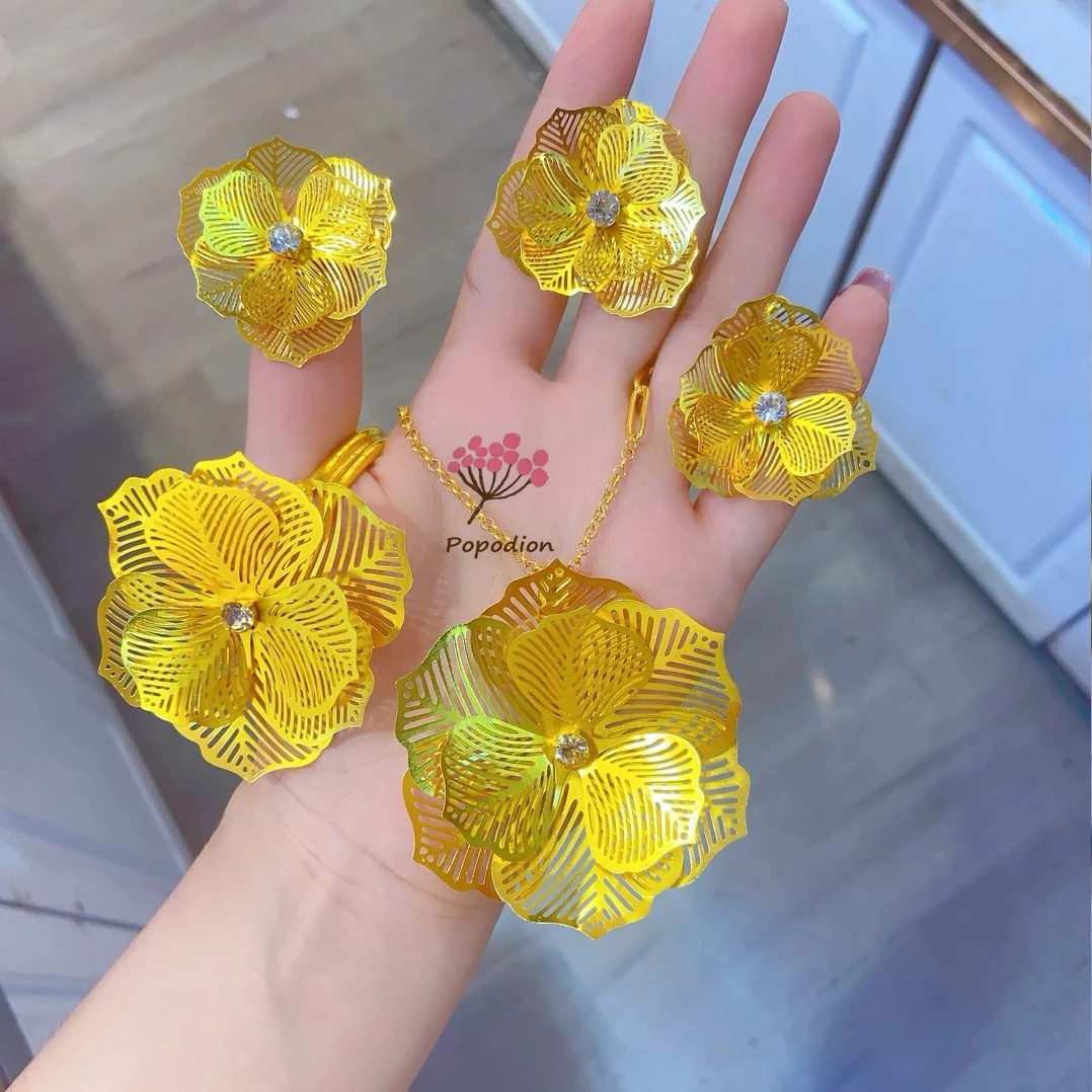 قلادة جديدة مطلية بالذهب عيار 24 قيراط من دبي، أقراط، خواتم، أساور، هدايا للأصدقاء النسائية، مجموعة مجوهرات حفلات الزفاف DD10609