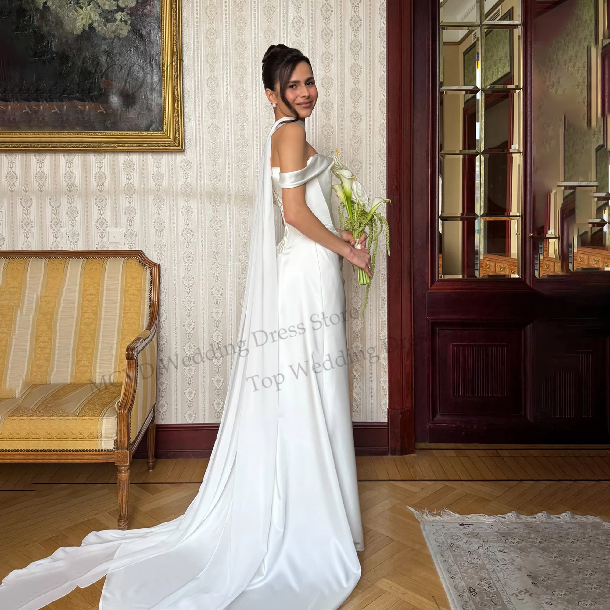 Off Shoulder Satin Wedding Dress Removable Halter Neck Ribbon Cape Train Minimalist Slim Mermaid Bridal Gown For Civil Elopemen