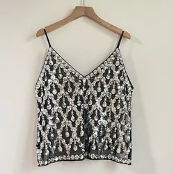2024 Summer New Stacked Sequined Bead Sling Suspender Sexy Slim Fit Cropped V-Neck Mesh Spice Girl Ins Camis Chic Top