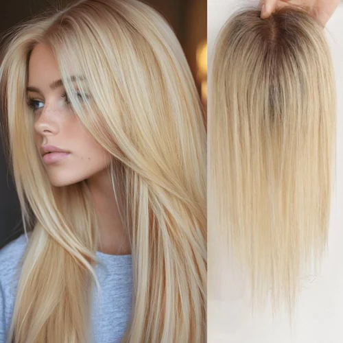 Imagen 1 del producto Rubio ombré 100% cabello humano Remy Clips en el cabello Base de encaje postizos para mujeres extensiones de cabello 12 pulgadas recto