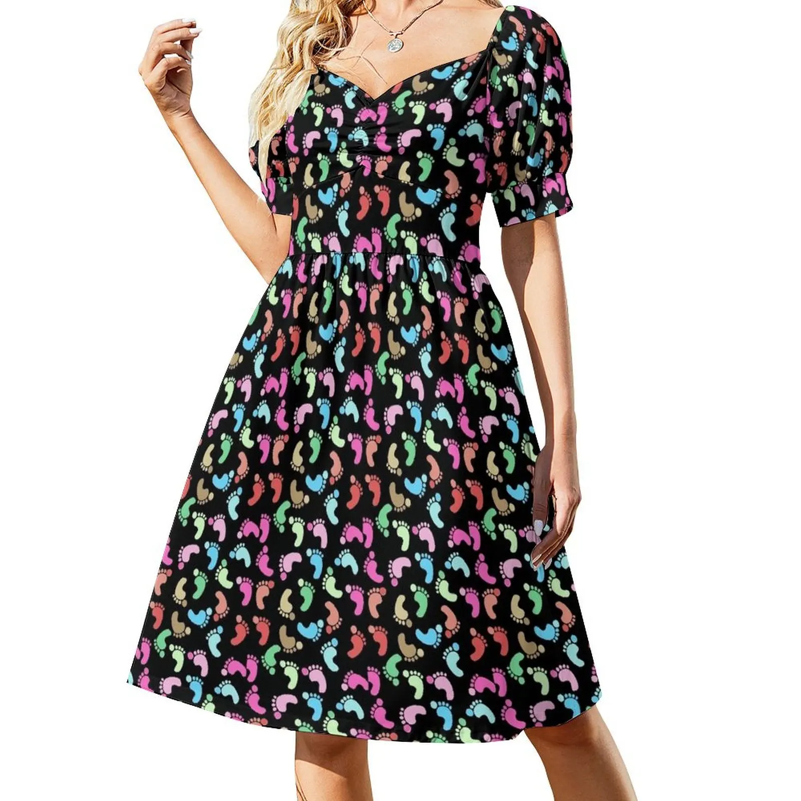 

Multicolored footprint design Short Sleeved Dress Dance dresses long dresses for women Dress