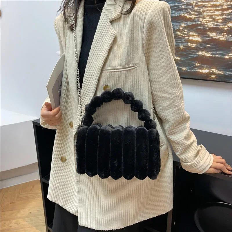 Trend Plaid Plush Bags for Women Designer Square Female Shoulder Bag Fashion Purse Winter Crossbody Bag for Women Luxury Handbag