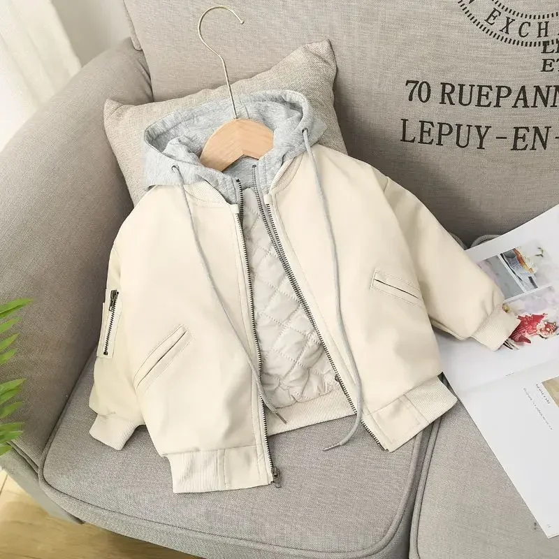 Kids Clothing Cotton-padded Coat Boys Thicken Autumn 2024 New Winter Fake 2 Pieces Zipper Hooded Fashion Leather Jacket