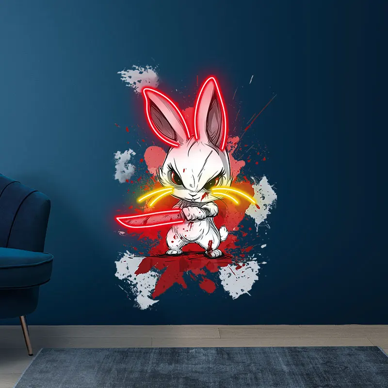 لوحة فنية جدارية نيون من Toysign Samurai Bunny - لافتة LED شرسة مع كاتانا، نمط كرتوني، ديكور جريء لغرفة الألعاب والبار والجل الكهف