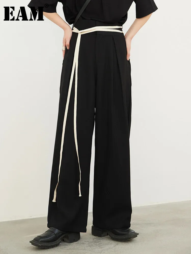 

[EAM] High Waist Black Bandage Color-block Long Wide Leg Pants New Loose Fit Trousers Women Fashion Spring Autumn 2024 1DF3665