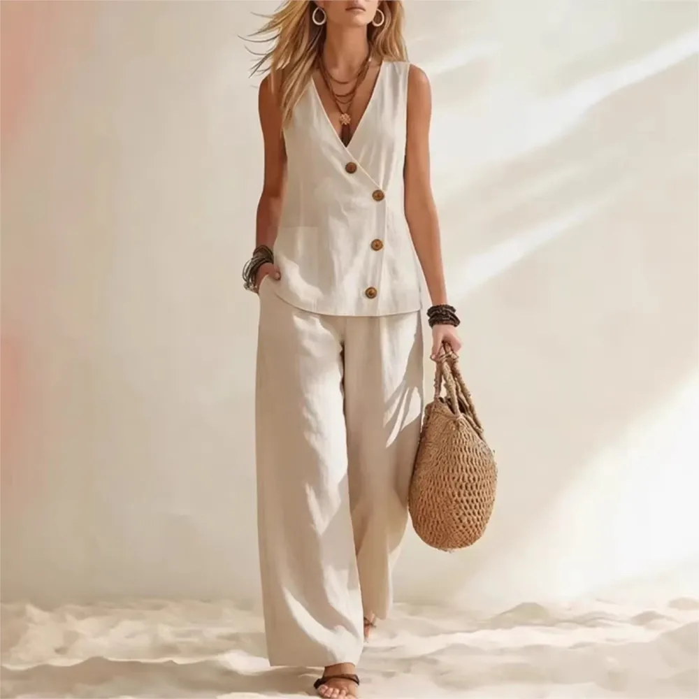 Fashion Deep V-neck Sleeveless Women Summer Trousers Suit Vest Button Vacation Simple Loose Wide-leg Trousers 2 Piece Set Female - view 2