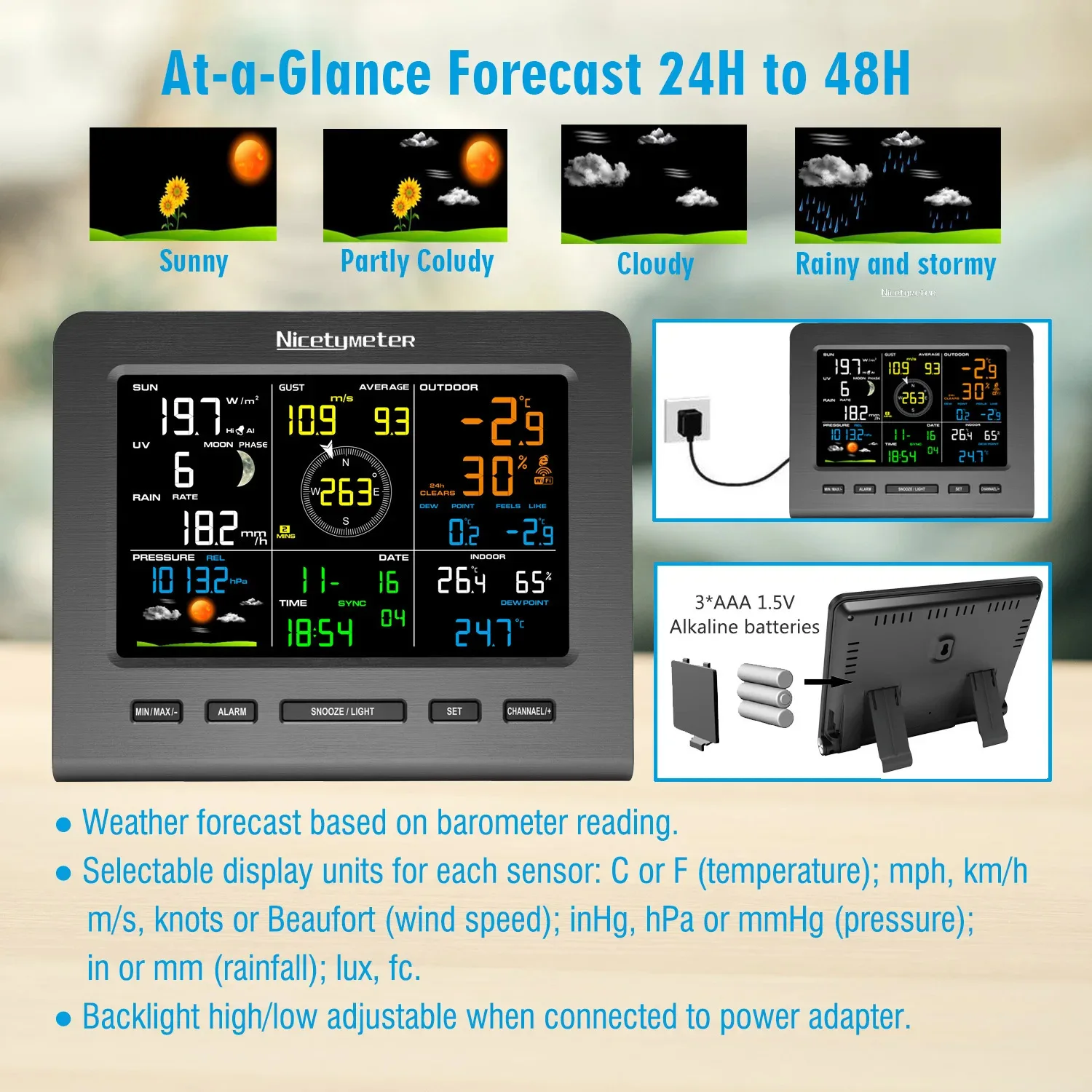 Weather Station with WiFi 0360 7-in-1 , UV Index, Rain Gauge, Temperature & Humidity, Weather Forecast, Digital Clock