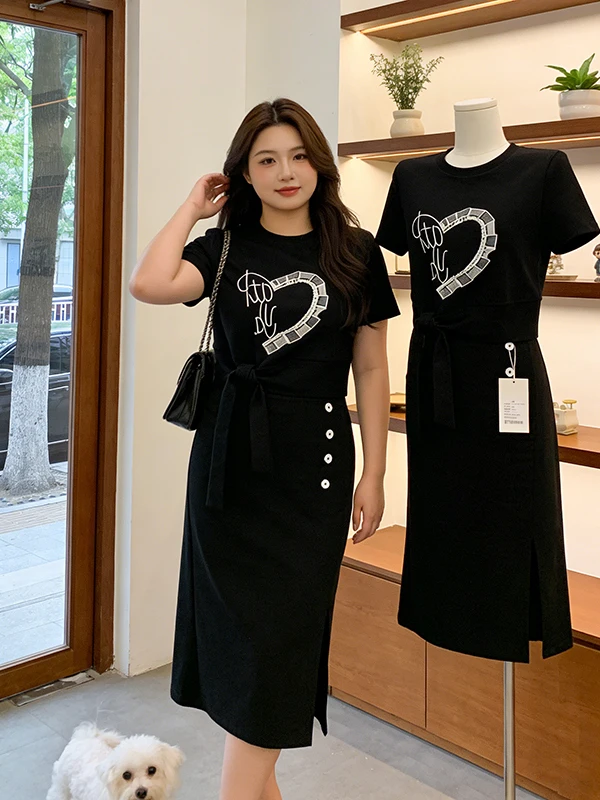 

Casual Sporty Two-Piece Set Women's plus Size Summer New Short Sleeve Top Half Skirt Fashionable Comfortable Breathable