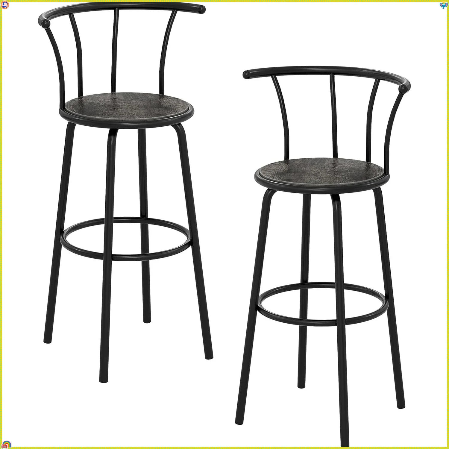 Juego de taburetes de bar de estilo industrial: 2 taburetes giratorios con altura de mostrador, sillas con respaldo vintage gris, fácil de montar para cafetería y bistró