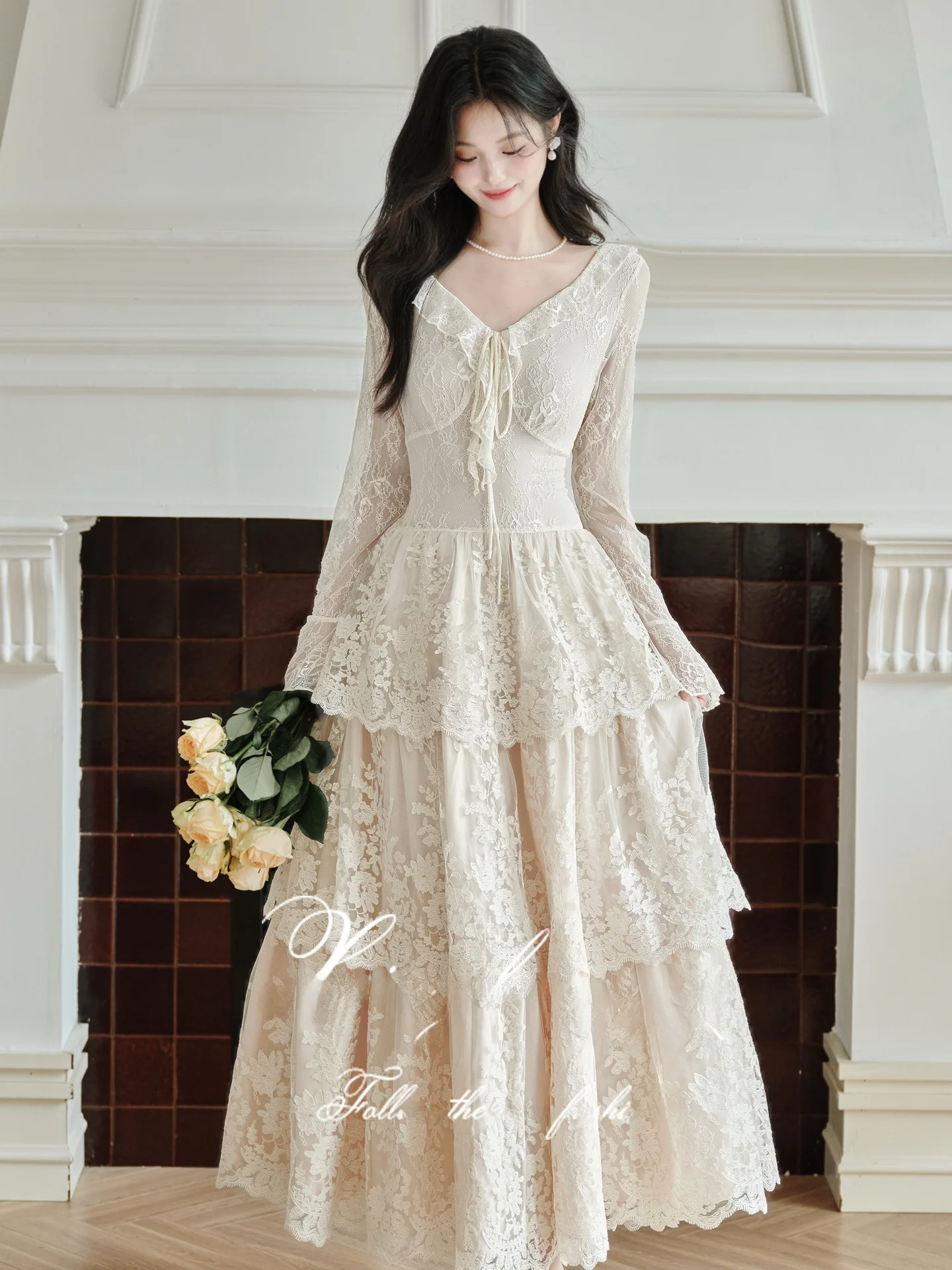 

Ele Lace Maxi Dr with Flared Skirt for Women Autumn Winter High Waist French Sle Bellsve Gown V Ne Daily Wear