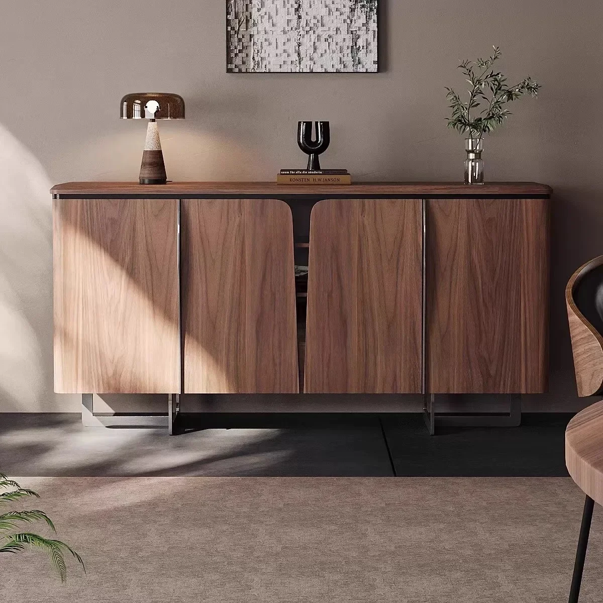 H1 medieval style all solid wood dining side cabinet entrance entrance walnut color partition cabinet living room storage door