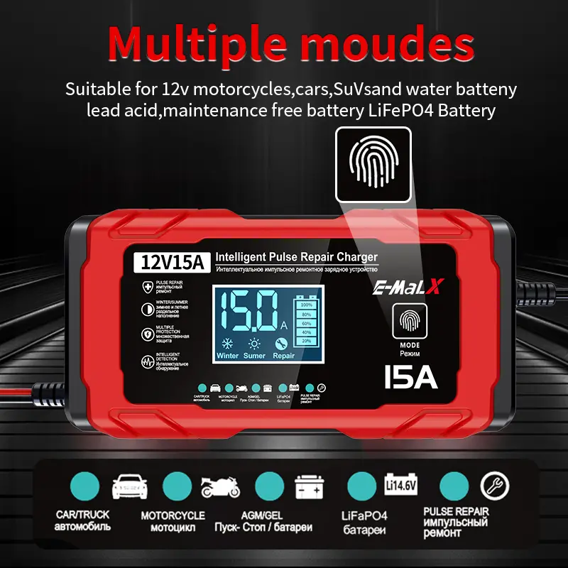 شاحن بطارية سيارة ذكي 12V 15A 14.6V 15A شاحن دراجات كهربائية لبطاريات Lifepo4 الرصاص الحمض AGM GEL PB الليثيوم للإصلاح - 6