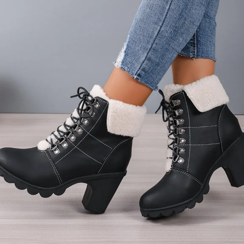 Botas con cordones delanteros para mujer, botines modernos con borde vuelto, talla grande, 2024