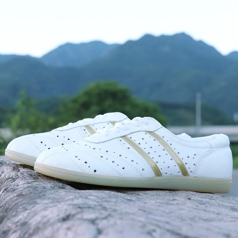 العلامة التجارية الكلاسيكية الرجال النساء فنون الدفاع عن النفس حذاء العلامة التجارية الفاخرة تاي تشي أحذية للجنسين جوفاء جلدية رياضة التدريب حذاء Wushu حذاء الرجال