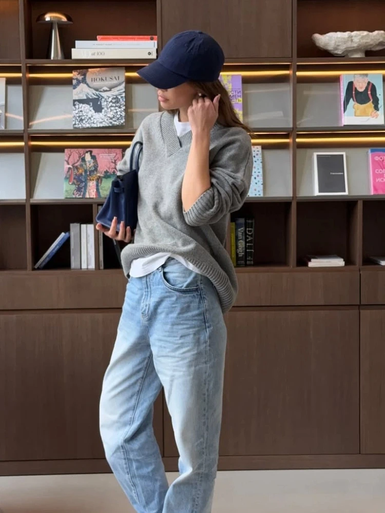 女性のカジュアルグレーニットプルオーバールーズスクエアネックフルスリーブソリッドカラーセーター女性ファッション通勤秋ストリートウェア