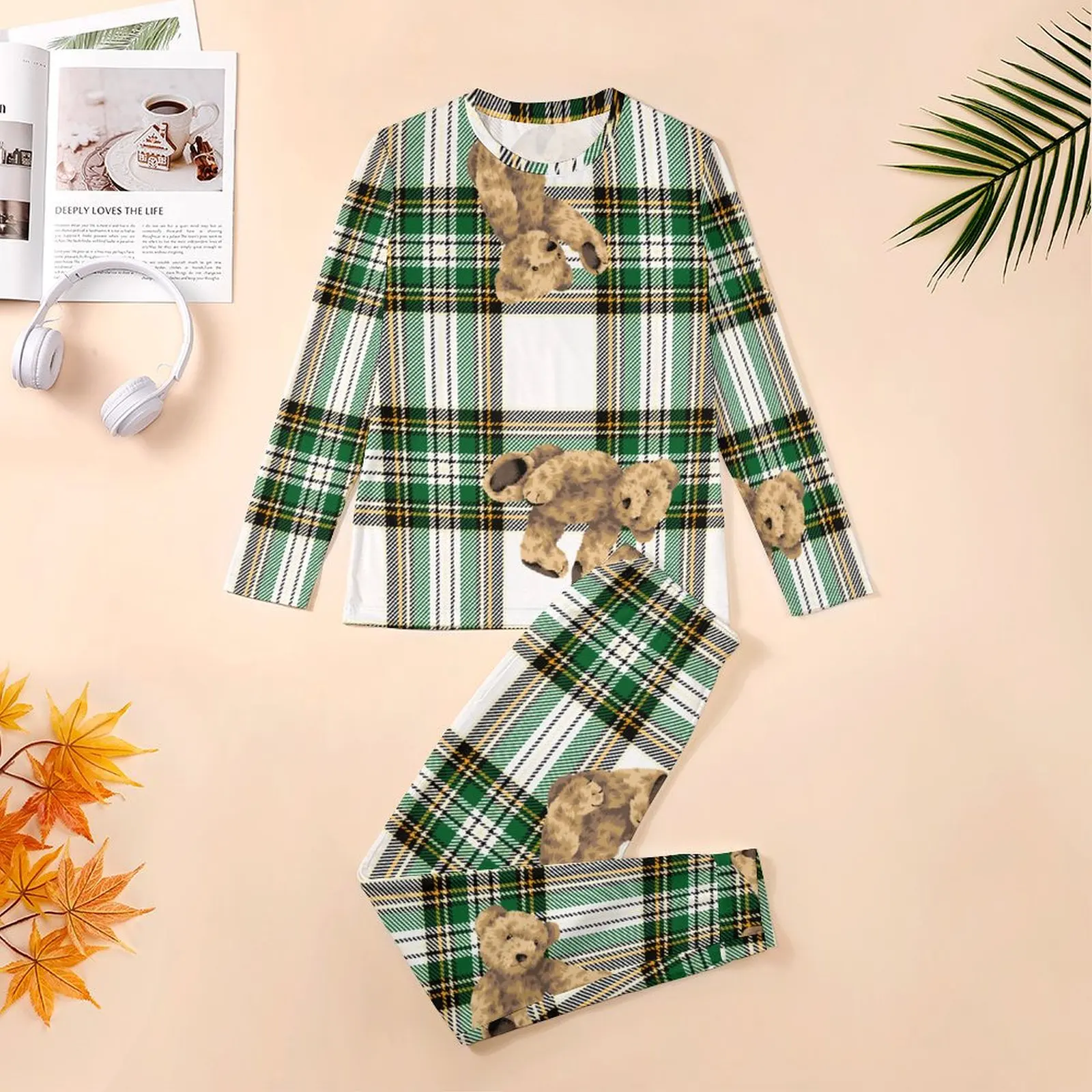 Cartoon Bear Pajamas Autumn Retro Plaid Print Casual Nightwear Men 2 Pieces Graphic Long Sleeve Kawaii Oversize Pajama Sets