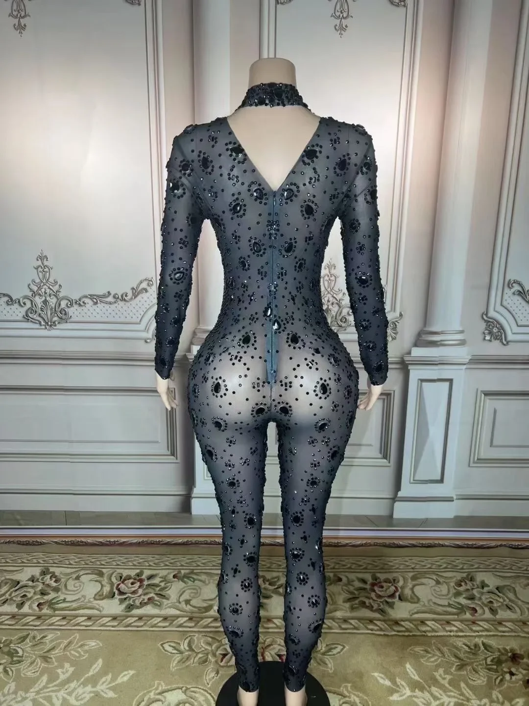 Gauze Black Shining Rhinestones Sexy Long Sleeves Jumpsuits For Women Prom Dance Pole Clothing Nightclub Party Costumes