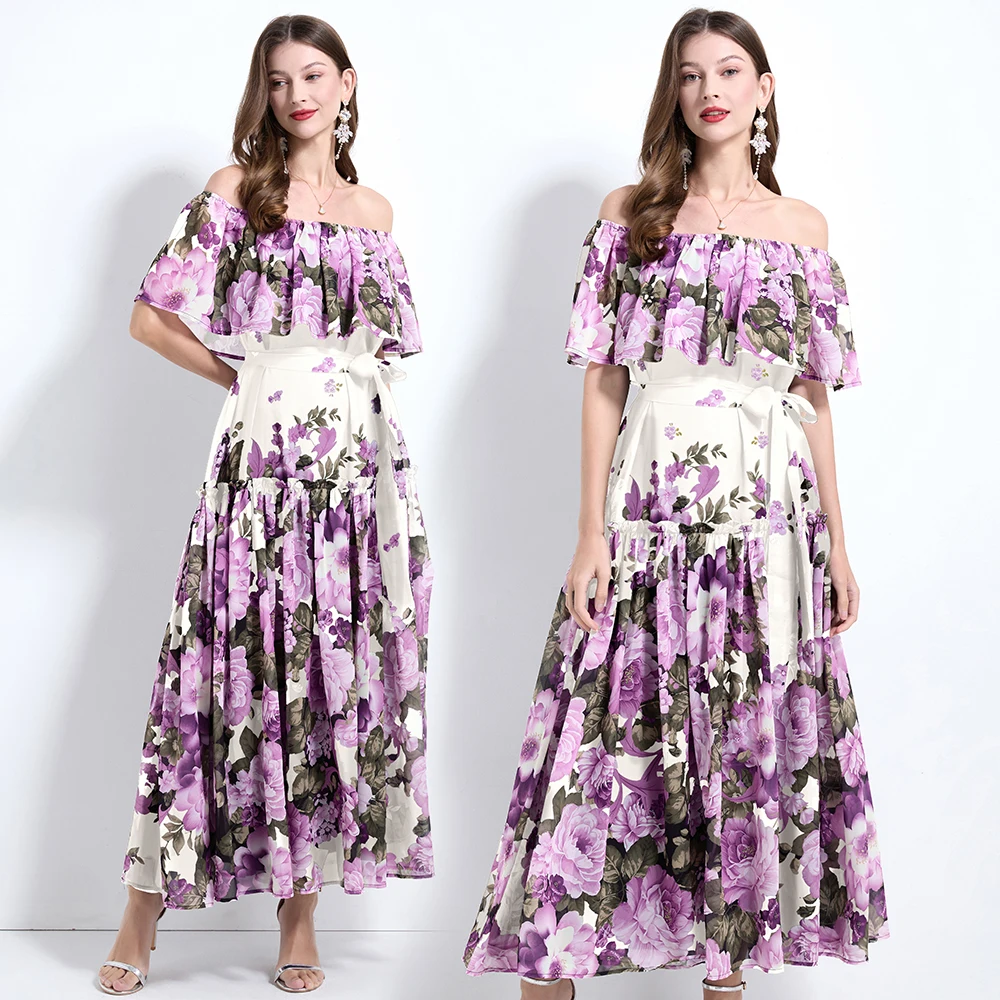 2025 One Shoulder Flower Fairy Printed Seaside Vacation Style with Waist Collection and Lotus Leaf Edge Skirt dress for women