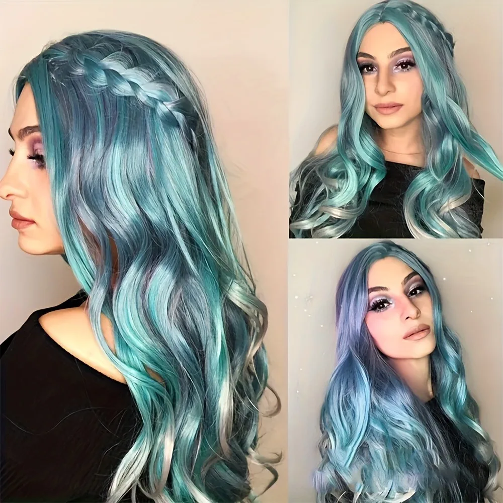 Light blue gradient parted long curly hair Halloween cosplay wig, character costume wig, daily party wig, wig set for parties