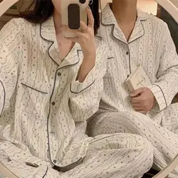 Couple Pajamas for Women Women's Button Lounge Long Sleeve Top and Pants Soft Men Comfortable Home Suit Print Loungewear pajama