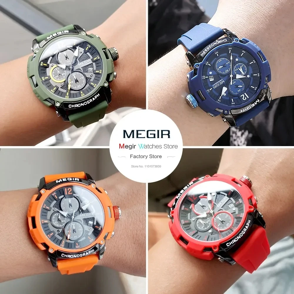 MEGIR 2208 Men\'s Quartz Watch Multifunctional Luminous Silicone Waterproof Date Sports Chronograph Outdoor Fashion Watches