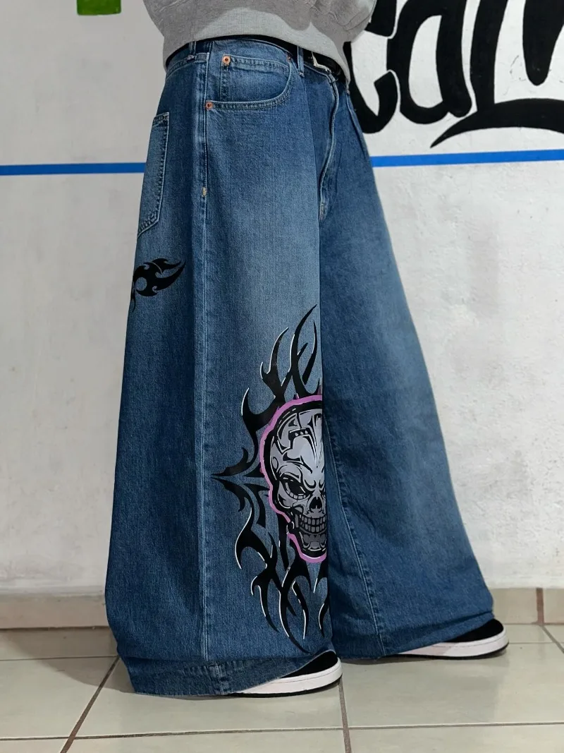 90s Light Blue Washed Distressed Jeans Skeleton Gothic Baggy Trousers Streetwear Hip Hop Punk Rock Waist Stretch Denim Pants