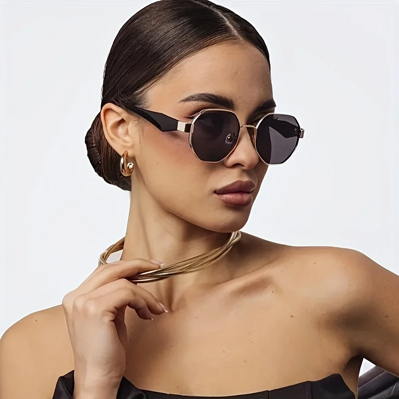 Hexagon Punk Sunglasses Women With Chain Vintage Polygon Outdoor Travelling Sun Glasses Driving Eyewear UV400