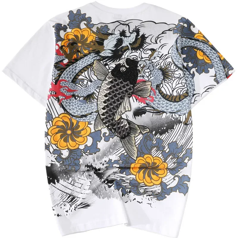 Lyprerazy Chinese Style T Shirt Wave Flower Carp fish Dragon Embroidery Tops Tees Streetwear Cotton Hip Hop Print T-Shirt