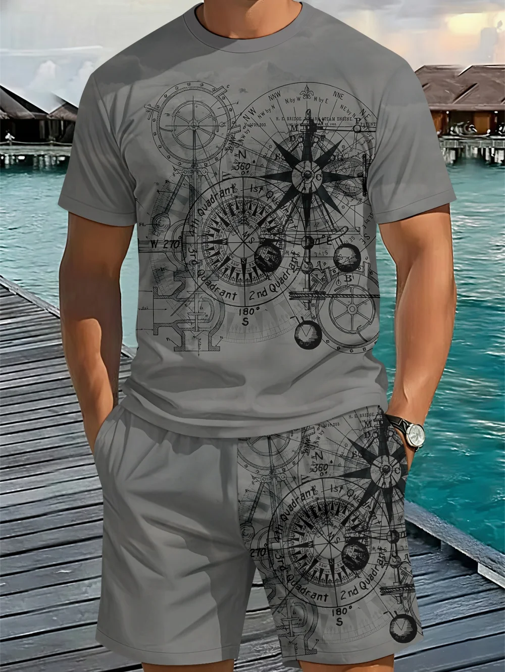 

Vintage Men's T-Shirt and Shorts Summer Two-Piece Set 3D Compass Print American Style Short-Sleeve Tees Daily Streetwear Men Set