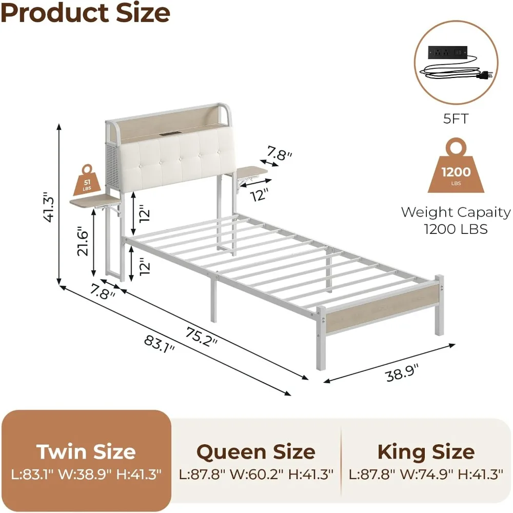 إطار سرير مزدوج مع لوح أمامي للتخزين وأضواء LED، وسرير بمنصة معدنية مع أرفف قابلة للطي ومحطة شحن، بدون زنبرك صندوقي #2