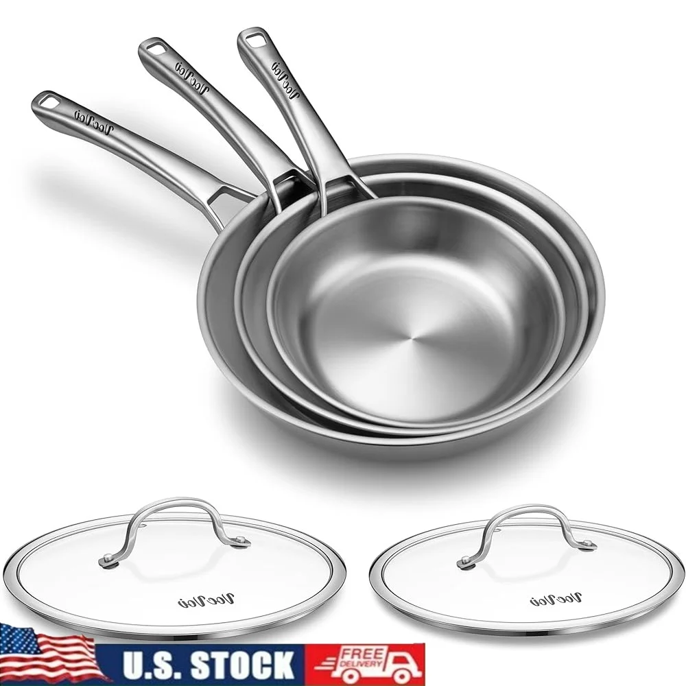 

Tri-Ply Stainless Steel Frying Pan Set with Lid PFOA PTFE Free Skillets Ergonomic Handle Induction Compatible Cookware 8 10 12