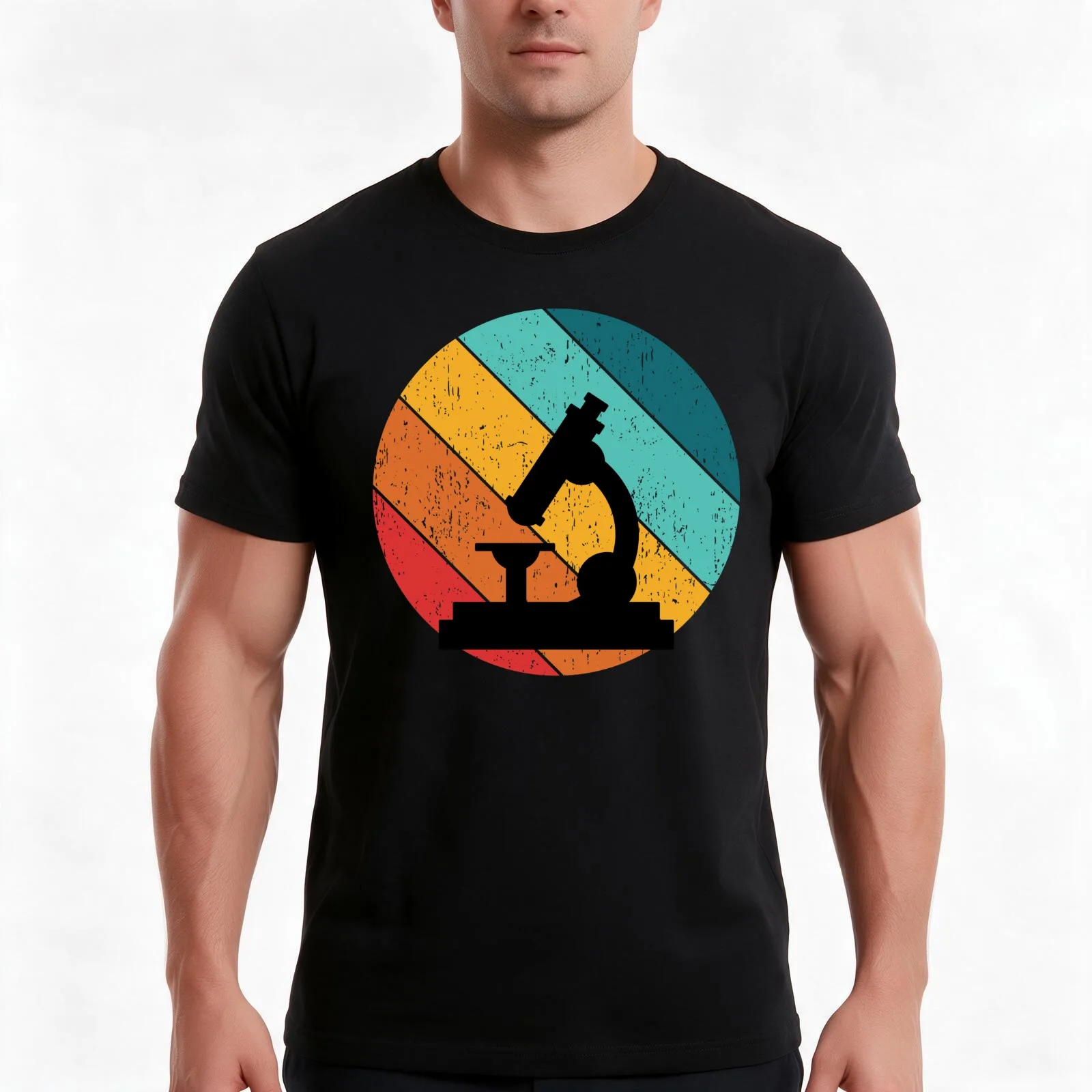 80s RETRO DIAGONAL SUNSET DISTRESSED MICROSCOPE SCIENCE T-Shirt, Summer Casual Cotton Tee, Oversized Streetwear Tops