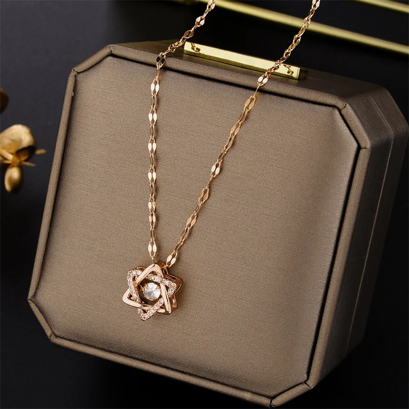 David Star Stainless Steel Chain Necklace Transparent Rotate Zircon Pendant Necklace Couple Jewelry Christmas Gift