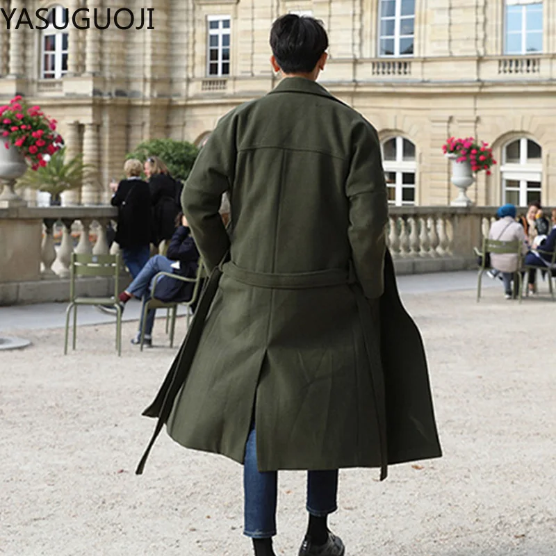 YASUGUOJI Cardigans Blends Coat with Belt Overcoat Male Winter Coat New Black Turn-down Collar Long Coat Men\'s Clothing