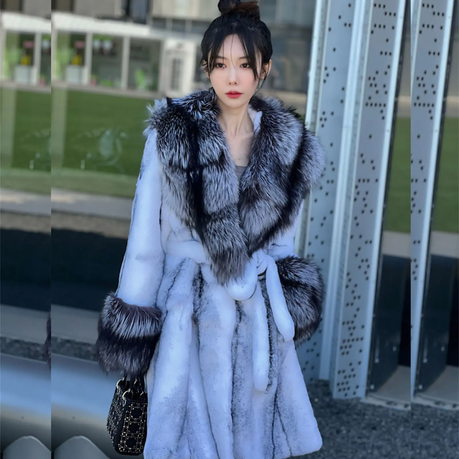 Natural Sliver Fox Fur Collar for Rex Rabbit Fur Jacket Women Fashion Luxury Winter Warm High Quality Real Fur Coat Lady