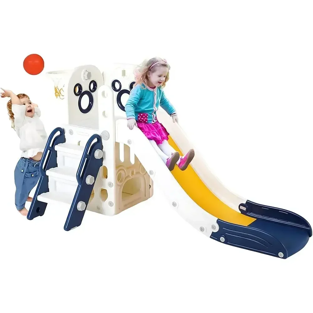 Toddler Slide with Basketball Hoop, Tele, Non-Slip Steps, L-Shaped Climber, Indoor/Outdoor Playset - Blue