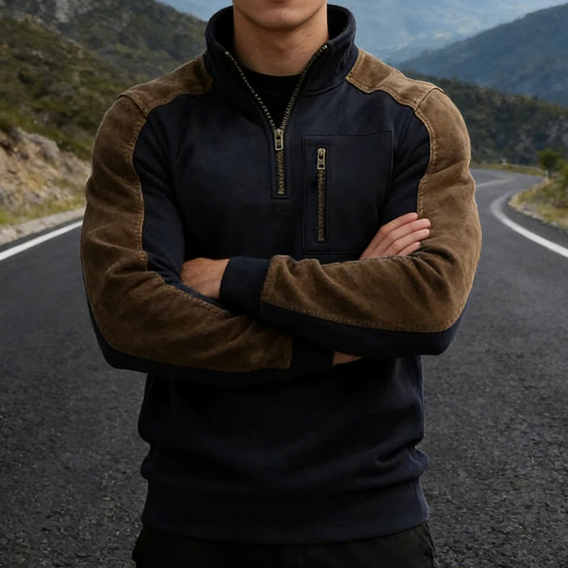 

Мужские повседневные толстовки с воротником-стойкой на молнии, осенне-зимние, из замши с лоскутным узором, модные мужские свитшоты с воротником-стойкой