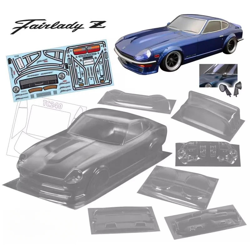 

TC240 1/10 Nissan Fairlady 240Z Clear Lexan Body Shell W/Rear Wing +Light Buckles, Mirrors, 257mm RC Drift Car Tamiya TT01 TT02